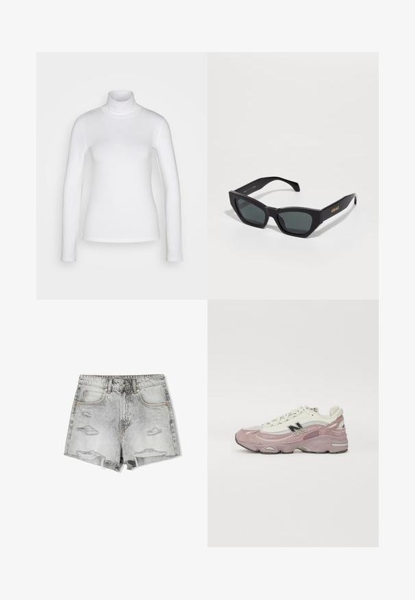 Biela dlhá rukáv turtleneck košeľa vyrobená z hladkej, pružnej látky. Má priliehavý strih a vysoký golier. Bez viditeľných vzorov alebo akcentov.; Džínové šortky v bledosivom s opotrebovanými detailmi. Majú roztrhnutý lem, dve predné vrecká a mosadzný kovový prvok na zapínanie.; Fialové a biele tenisky s vrchnou časťou z textilu a semišu, výrazným čiernym logom "N" a robustnou, textúrovanou podrážkou. Šnúrky sú biele.; Čierne uhlové slnečné okuliare s tmavými sklami, s matným povrchom a zlatým logom "VERSACE" na boku. Odolný plastový rám.; Čierna syntetická plecnička s oblým siluetom, textúrovaným povrchom, zlatým trojuholníkovým logom a odnímateľnými kovovými detailmi.