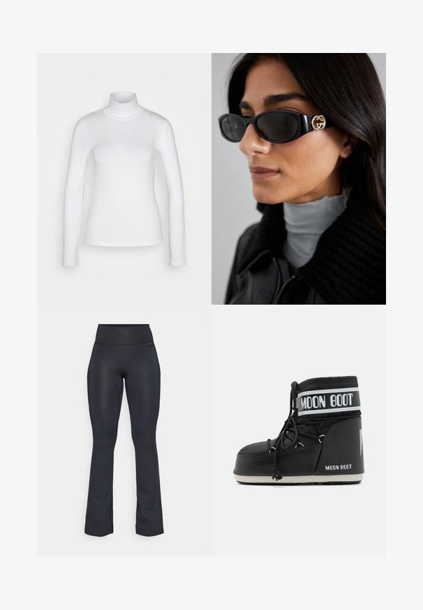 Biała bluzka z długim rękawem i kołnierzem typu golf wykonana z gładkiego, elastycznego materiału. Posiada dopasowany krój i wysoki kołnierz. Brak widocznych wzorów lub akcentów.; Czarne legginsy rozszerzane, wykonane z gładkiego, elastycznego materiału. Posiadają wysoki pas i boczne rozcięcia na dole, które dodają dodatkowego akcentu.; Czarne buty Moon Boot z wyściełanym cholewką, zabezpieczone sznurówkami i charakterystycznym białym paskiem z logo. Gruba, teksturowana gumowa podeszwa.; Czarne okulary przeciwsłoneczne o eleganckim, prostokątnym kształcie z logo w kolorze złotym na boku. Ciemne soczewki i błyszczące wykończenie są wyraźnie widoczne.