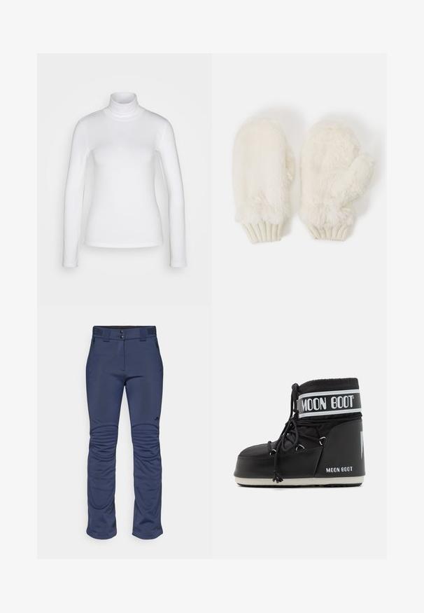 Balta ilgomis rankovėmis turtleneck marškinėliai, pagaminti iš lygaus, tamprių audinių. Turi aptemptą siluetą ir aukštą apykaklę. Nėra matomų raštų ar akcentų.; Tamsiai mėlynos spalvos minkštų audinių kelnės su prisiūtu dizainu, turinčios kelio paminkštinimus, du šoninius užtrauktukus kišenėse ir juosmens sagą.; Juodas mėnulio botas su paminkštintu viršumi, užsegamas raišteliais ir išskirtine balta juosta su logotipu. Storas, tekstūruotas guminis padas.; ONLY ONLWIVI WINTER MITTENS - Kumštinės pirštinės - cloud dancer
