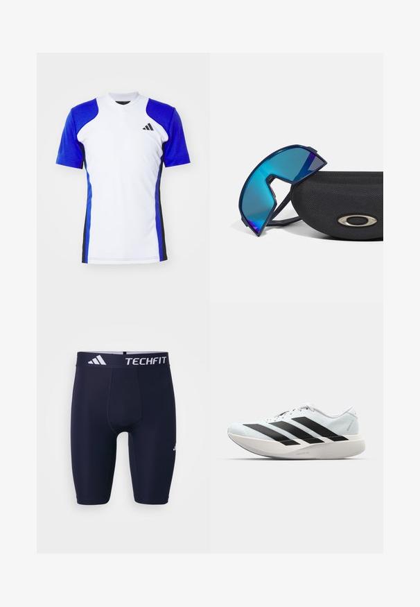 Kurzes Sportshirt in Weiß mit blauen Ärmeln, ausgestattet mit schwarzen seitlichen Akzenten und einem kleinen schwarzen Logo auf der Brust. Glatte Stoffoberfläche.; Dunkelblaue TECHFIT Sportshorts mit körpernahem Schnitt, elastischem Bund mit weißem Branding und glattem, dehnbarem Stoff.; Leichte Laufschuhe in hellblau mit schwarzen Streifen. Sie verfügen über ein glattes Obermaterial, eine runde Zehenpartie und eine dicke weiße Zwischensohle, die mit "LIGHTSTRIKE PRO" beschriftet ist.; Blautonige Wraparound-Sonnenbrillen mit sportlichem Design, die auf einem strukturierten schwarzen Etui mit metallischem Logoakzent ruhen.