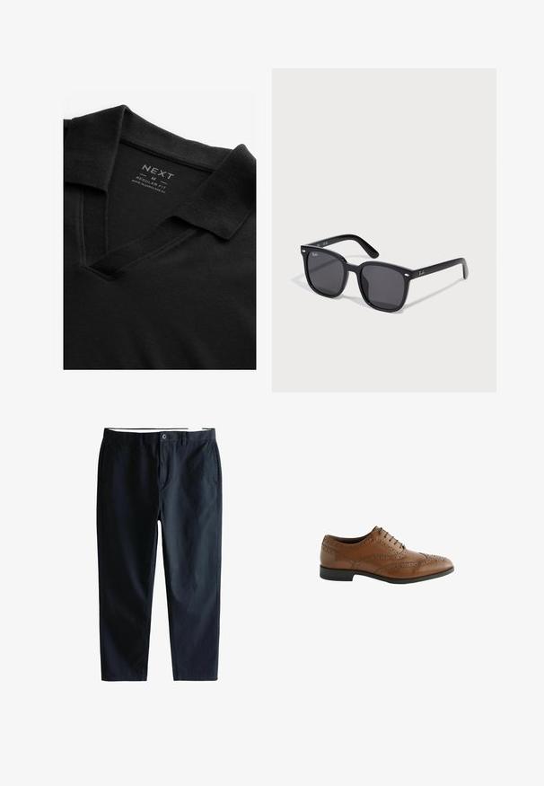 Fekete polo póló V-kivágással és texturált anyagból. Hajlított gallérral és márka- valamint méretinformációt tartalmazó címkével rendelkezik. Normál szabású.; Sötétkék pamut nadrág egyenes szabással, gombos elülső résszel, övbújtatókkal és két oldalsó zsebbel. Simább textúrájú, könnyű anyagú.; Barna bőr öltönycipő, bonyolult broguing részletekkel, kerek orral és lapos sarokkal. Öt fűzőlyukkal és sima felülettel rendelkezik.; Fekete téglalap alakú napszemüveg sötét lencsékkel; műanyagból készült, fém részletekkel a kereten és logóval a templomoknál.
