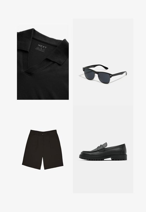 Juodas polo marškinėliai su V formos iškirpte ir tekstūruota medžiaga. Turintys nusilenkiantį apykaklę ir etiketę su prekės ženklu ir dydžio informacija. Įprasto kirpimo.; Juodi šortai, pagaminti iš lygaus audinio, su vienu priekiniu mygtuku, klostėmis ir šoninėmis kišenėmis, sukurti patogiam prigludimui.; Juodi odiniai loaferiai su apvalia nosimi, su siuvinėtu dizainu, žemu platformos padu ir tekstūruotu, sukibimo raštu padu.; Juodos saulės akinių su stačiakampiu rėmeliu, tamsiais lęšiais, sidabrinėmis detalėmis šventrajose ir matinio paviršiaus rėmeliu.