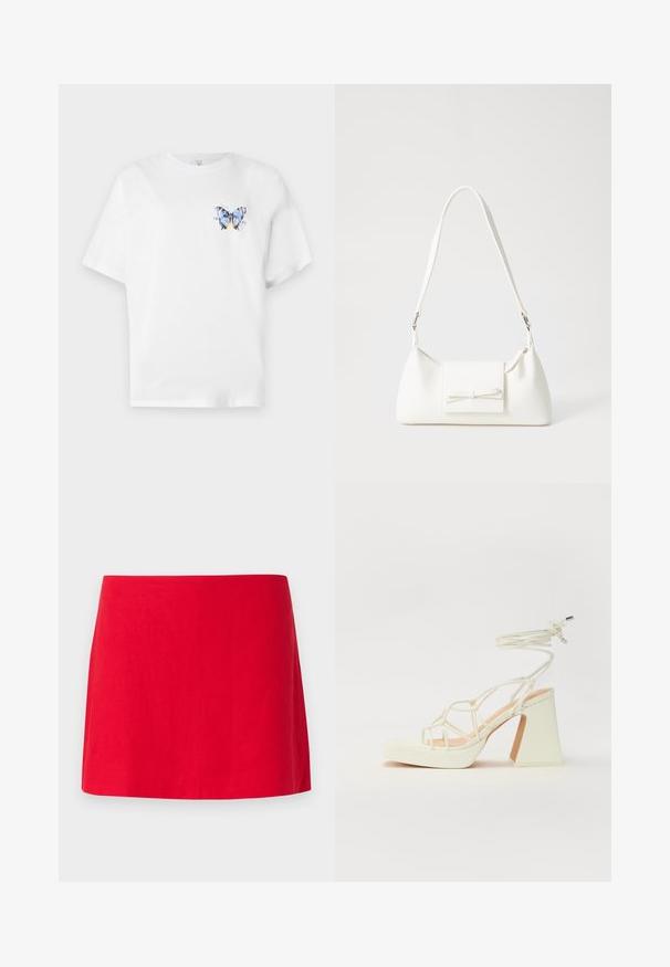 Biela bavlnená tričko s farebnou potlačou motýľa na ľavej hrudi. Krátke rukávy a uvoľnený strih.; Červená ľanová mini sukňa so jednoduchým, rovým dizajnom, ktorá má hladkú textúru a žiadne viditeľné vzory alebo prídavné prvky.; Biele sandále na vysokom opätku s hrubým podpätkom, s pruhovaným dizajnom a viazaním na členku. Hladký povrch s platformou vpredu pre zvýšenú výšku.; Biela syntetická kabelka s trojuholníkovým tvarom, plochým predným klapkou a detailom mašle, nastaviteľným popruhom, hladkou textúrou a minimalistickým dizajnom.