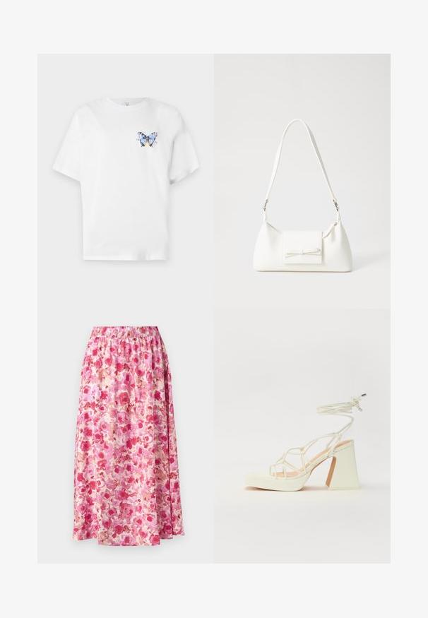 Biela bavlnená tričko s farebnou potlačou motýľa na ľavej hrudi. Krátke rukávy a uvoľnený strih.; Kvetinová maxi sukňa so zhromaždeným pásom. Disponuje jasným ružovým a krémovým kvetinovým vzorom na ľahkej tkanine.; Biele sandále na vysokom opätku s hrubým podpätkom, s pruhovaným dizajnom a viazaním na členku. Hladký povrch s platformou vpredu pre zvýšenú výšku.; Biela syntetická kabelka s trojuholníkovým tvarom, plochým predným klapkou a detailom mašle, nastaviteľným popruhom, hladkou textúrou a minimalistickým dizajnom.