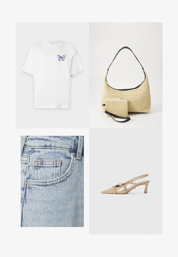 Fehér pamut póló, amelyen egy színes pillangómintázat található a bal mellrészen. Rövid ujjak és laza szabás jellemzi.; Világoskék farmernadrág, amelyen egy kis hátsó zseb látható, látható varrással és fém szegecsekkel, finoman megfakult textúrával.; Beige lakkbőr slingback magassarkúk hegyes orral, állítható pántokkal és 6 cm magas tömbsarokkal. Díszítő ezüst kiegészítőkkel rendelkezik.; Fonott szalmakézi táska ívelt sziluettel, sima fekete bőrszíjjal és egy hozzá illő, csuklószíjjal rögzített kis tasakkal.
