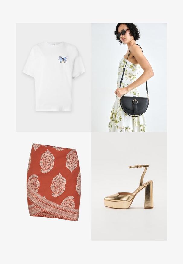 Balta medvilninė marškinė su spalvingu drugelio atspaudu kairėje krūtinės pusėje. Trumpomis rankovėmis ir laisvu siluetu.; Rūdžių spalvos sijonas su baltais paisley ir gėlių raštais. Su įstrižainiu apvadu ir sudėtingu krašto dizainu apatiniame edge.; Auksiniai metaliniai platforminiai kulniukai su smailiu pirštu, kulkšnies dirželiu ir bloko kulnu. Išskirtinis dizainas su lygiu, blizgiu paviršiumi.; Juodas odinis krepšys su išlenkta forma, nuimamu dirželiu ir auksiniais detalėmis. Krepšys turi kilpą su sagtimi.