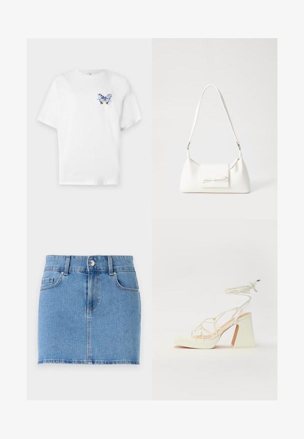 Λευκό βαμβακερό T-shirt με πολύχρωμο σχέδιο πεταλούδας στο αριστερό στήθος. Κοντά μανίκια και άνετη εφαρμογή.; Τζιν μίνι φούστα σε ανοιχτό μπλε χρώμα. Διαθέτει εφαρμοστή σχεδίαση, στυλ πέντε τσέπες, κούμπωμα με κουμπί και ίσια τελείωμα με ελαφριά φθορά.; Λευκό πέδιλο με ψηλό τακούνι και χοντρή φτέρνα, διαθέτει σχέδιο με λουριά και λουράκι στον αστράγαλο. Λείο υλικό με μπροστινό πλατφόρμα για επιπλέον ύψος.; Λευκή συνθετική τσάντα σε τριγωνικό σχήμα, με επίπεδη μπροστινή καπάκι και λεπτομέρεια φιόγκου, ρυθμιζόμενο λουράκι, απαλή υφή και μινιμαλιστικό σχέδιο.