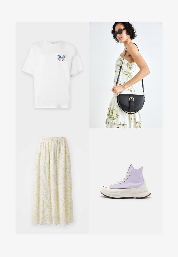 Hvid bomulds t-shirt med et farverigt sommerfuglemotiv på venstre bryst. Kortærmet og med en afslappet pasform.; Hvid midikjole med blomstertryk i gult, elastisk talje og plisseret tekstur, fremstillet af let, fløjlsblødt stof.; Høje sneakers i lys lilla kanvas. Tykt hvidt mellemsål med sort ydersål. Har rund tå og beige snørebånd. Minimalistisk design.; Sort læderhåndtaske med en buet form, aftagelig rem og guldfinish. Tasken har en klap med en spænde detalje.