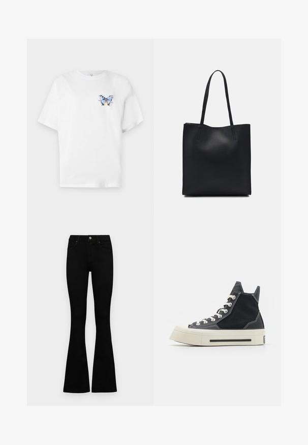 T-shirt en coton blanc avec un imprimé coloré de papillon sur la poitrine gauche. Manches courtes et coupe décontractée.; Jean noir taille haute avec fermeture à bouton et à zip, poches avant et jambes évasées, posés à plat sur un fond blanc.; Baskets montantes avec un dessus en toile noire, des coutures blanches contrastantes et une épaisse semelle en caoutchouc crème. Présente des lacets ronds et un dos texturé.; Sac fourre-tout en cuir noir avec une texture lisse, de forme rectangulaire et deux longues poignées. Pas de matériel ou d'ornementations visibles.