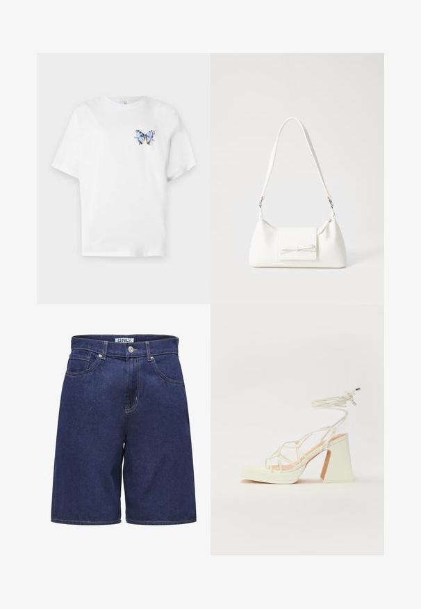 White cotton t-shirt featuring a colorful butterfly print on the left chest. Short sleeves and a relaxed fit.; Denim shorts in dark blue with a classic five-pocket design. Features silver button and contrasting yellow stitching along seams.; White high-heeled sandal with a chunky heel, featuring a strappy design and ankle tie. Smooth texture with a platform front for added height.; White synthetic handbag with a triangular shape, flat front flap and bow detail, adjustable strap, smooth texture, and minimalistic design.