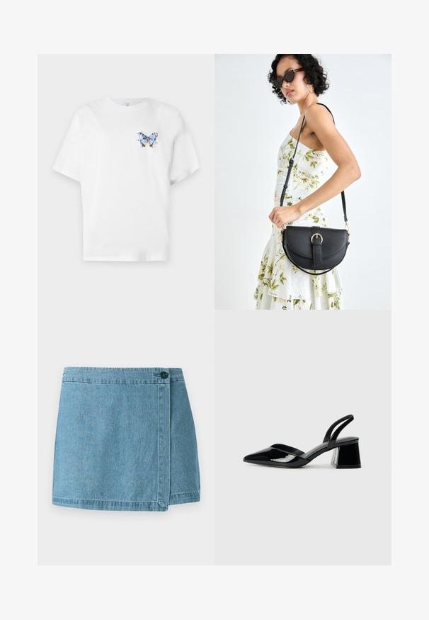 Balts kokvilnas t-krekls ar krāsainu tauriņa apdruku kreisajā krūtīs. Īsas piedurknes un brīvs piegriezums.; Gaiša zila džinsa svārki ar apļveida dizainu, vienu pogu un šuvēm. Gluda tekstūra bez rakstiem.; Melna lakota āda ar atvērto papēdi, ar smailu purngalu un ģeometrisku blokpapēdi. Iezīmējas elegants, minimāls dizains un gluda tekstūra.; Melnas ādas rokassoma ar izliekta formu, noņemamu siksnu un zelta aksesuāriem. Somai ir vāciņš ar sprādzes detaļu.