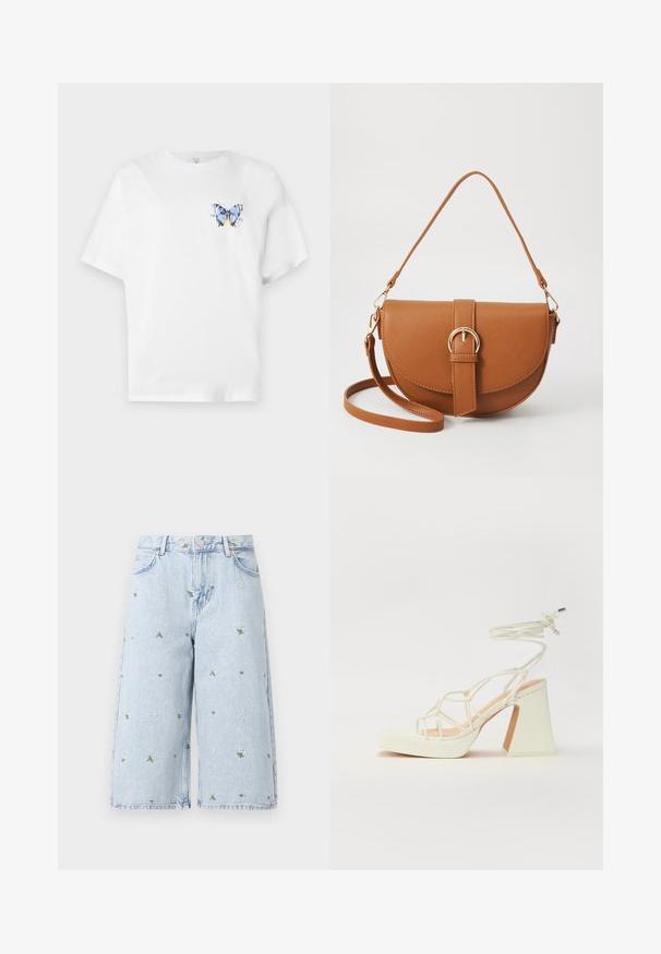 Hvit bomulls t-skjorte med et fargerikt sommerfugltrykk på venstre bryst. Korte ermer og en avslappet passform.; Lysblå denimshorts med blomstermønster, som har tusenfryd og grønne blader. Klassisk fem-lomme design og en frynset kant.; Hvit høyhælte sandal med kraftig hæl, med en stroppe-design og ankelbånd. Glatt tekstur med plattform foran for ekstra høyde.; Brun lærcrossbody-veske med en buet form, gullhardware og et spenneakcent. Har en avtakbar skulderreim.