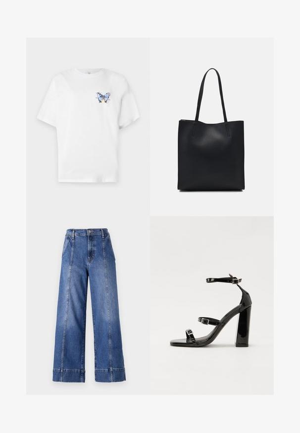 White cotton t-shirt featuring a colorful butterfly print on the left chest. Short sleeves and a relaxed fit.; Wide-leg blue denim jeans with a high waist, featuring a button closure, front pockets, and visible stitching along the side seams.; Black patent high-heeled sandals with two buckle straps, square toe, and a chunky block heel, featuring a smooth, glossy texture.; Black leather tote bag with smooth texture, rectangular shape, and two long handles. No visible hardware or embellishments.