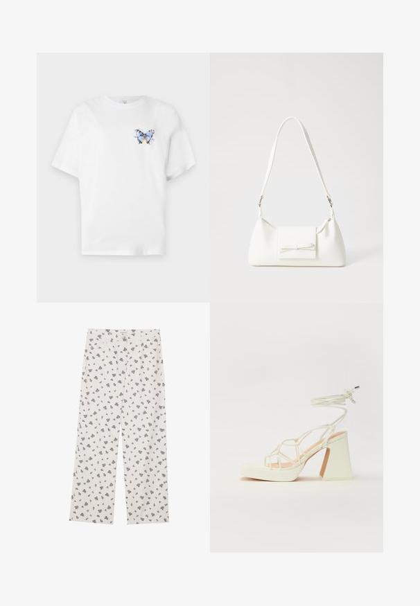 Balts kokvilnas t-krekls ar krāsainu tauriņa apdruku kreisajā krūtīs. Īsas piedurknes un brīvs piegriezums.; Baltas auduma bikses ar mazu melnu ziedu rakstu, platu kāju dizainu un standarta jostu ar priekšējām kabatām.; Baltas augstpapēžu sandales ar masīvu papēdi, ar siksnu dizainu un potītes saistītiem elementiem. Gluda tekstūra ar platformu priekšpusē, lai nodrošinātu papildu augstumu.; Balta sintētiska soma ar trīsstūrveida formu, plakanu priekšējo vāciņu un loku detaļu, regulējamu siksnu, gludu tekstūru un minimālistisku dizainu.