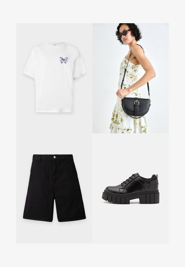 Bijela pamučna majica s višebojnim printom leptira na lijevoj strani prsa. Kratki rukavi i opušteni kroj.; Crne kratke hlače od izdržljive tkanine, s ravnim krojem, prednjim džepovima, munjevim zatvaranjem i metalnim dugmetom.; Crne kožne platforme s debelim blok-peta, okruglim prstima i klasičnim dizajnom vezanja. Imaju gladak tekstur i minimalne detalje.; Crna kožna torba s lukovitim oblikom, odvojivim remenom i zlatnim detaljima. Torba ima preklop s kopčom.