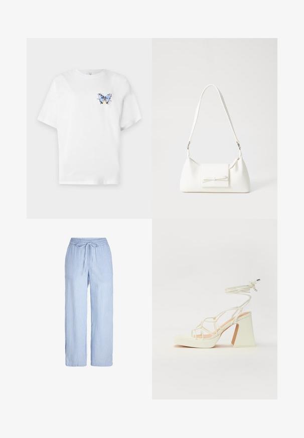 Vit bomulls t-shirt med en färgglad fjärilsdesign på vänster bröst. Kortärmad och med en avslappnad passform.; Ljusblåa och vita randiga byxor med vida ben. Med elastiskt midjeband och dragsnöre. Mjukt, lätt material.; Vit högklackad sandal med en kraftig klack, med ett remdesign och ankelband. Slät textur med en plattform framtill för ökad höjd.; Vit syntetisk handväska med triangulär form, platt framklaff och rosettdetalj, justerbar rem, slät textur och minimalistisk design.