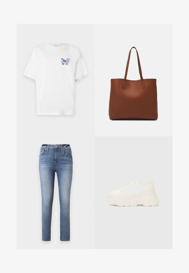 Fehér pamut póló, amelyen egy színes pillangómintázat található a bal mellrészen. Rövid ujjak és laza szabás jellemzi.; Világoskék, magas derekú, karcsú fazonú farmernadrág, öt zsebbel és cipzáros nyitással, sima textúrájú denim anyagból készült.; Fehér vászon sportcipő vastag talppal, lekerekített orral és öt fűzőlyukkal. Hátulján egy fül a könnyű felvétel érdekében. Simára kidolgozott textúra, minimális dizájn.; Barna bőr vászontáska sima textúrával, nyitott tetejű dizájnnal és két vállpánttal. Minimális varrással és látható hardver nélkül készült.