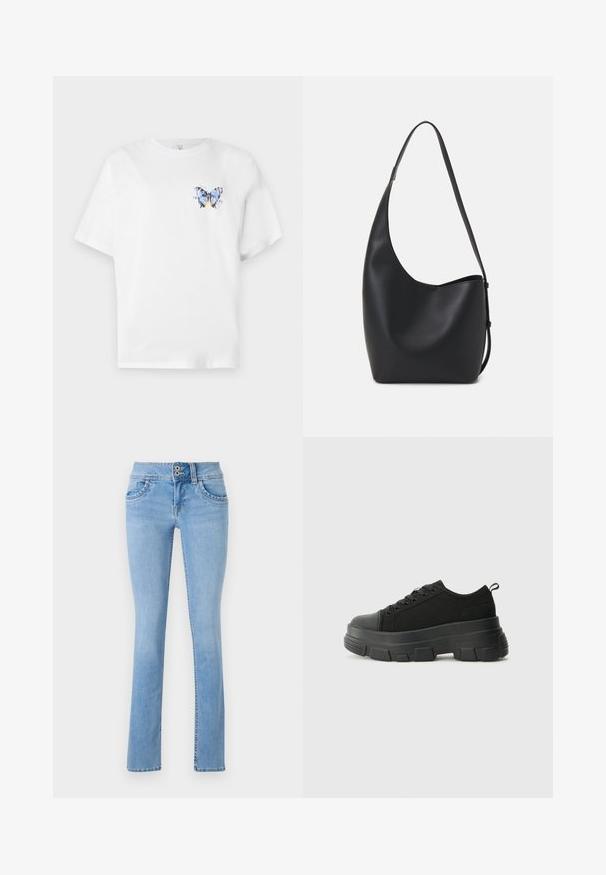 Bela bombažna majica z barvnim potiskom metulja na levem prsnem delu. Kratke rokave in sproščen kroj.; Svetlo modri jeans s slim fit krojem, z gumbom za zapiranje, sprednjimi žepi in rahlo zbledelim videzom. Ravne hlačnice.; Črne teniske z debelim gumijastim podplatom, zgornji del iz teksturirane tkanine, okrogla punta in zavezovanje z vrvicami. Vključujejo ojačane luknje za vrvice in zanko na hrbtu.; Črna usnjena hobo torba z gladko teksturo, ukrivljeno obliko in eno nastavljivo naramnico; ima širok odprtina na vrhu.