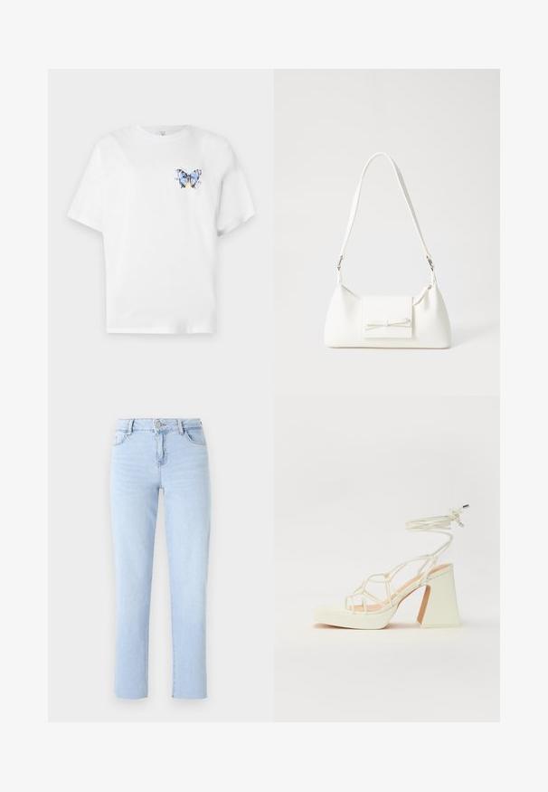 Balta medvilninė marškinė su spalvingu drugelio atspaudu kairėje krūtinės pusėje. Trumpomis rankovėmis ir laisvu siluetu.; Šviesiai mėlynos tiesios kojos džinsai, pagaminti iš denimo, su standartine juosmeniu, penkiais kišenėmis ir subtiliais siūlų akcentais.; Balti aukštakulniai sandalai su masyviu kulnu, su dirželių dizainu ir kulkšnies raiščiu. Lygi tekstūra su platforma priekyje, suteikianti papildomą aukštį.; Balta sintetinė rankinė trikampio formos, plokščiu priekiu su užsegimu, kaspino detale, reguliuojama dirželiu, lygia tekstūra ir minimalistišku dizainu.