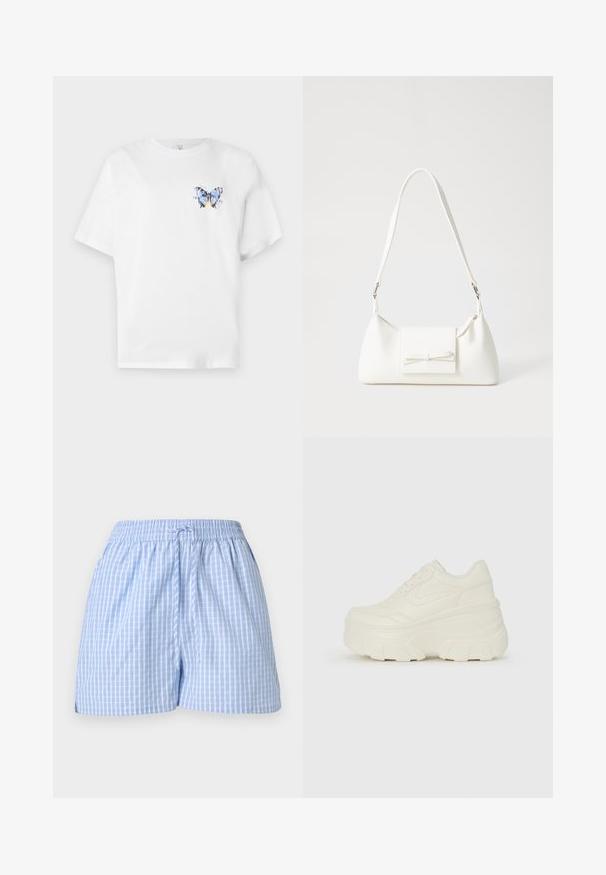 Fehér pamut póló, amelyen egy színes pillangómintázat található a bal mellrészen. Rövid ujjak és laza szabás jellemzi.; Kék és fehér kockás rövidnadrág, rugalmas derékkal és állítható zsinórral. Puha pamut anyag, laza szabás és oldalsó hasítékok.; Fehér platform sportcipők, sima bőrszerű felsőrésszel, kerek formával, párnázott bokával és texturált gumitalppal, jól definiált mintázattal.; Fehér szintetikus kézitáska, háromszög alakú, lapos előlap, masni részlettel, állítható pánttal, sima textúrával és minimalista dizájnnal.