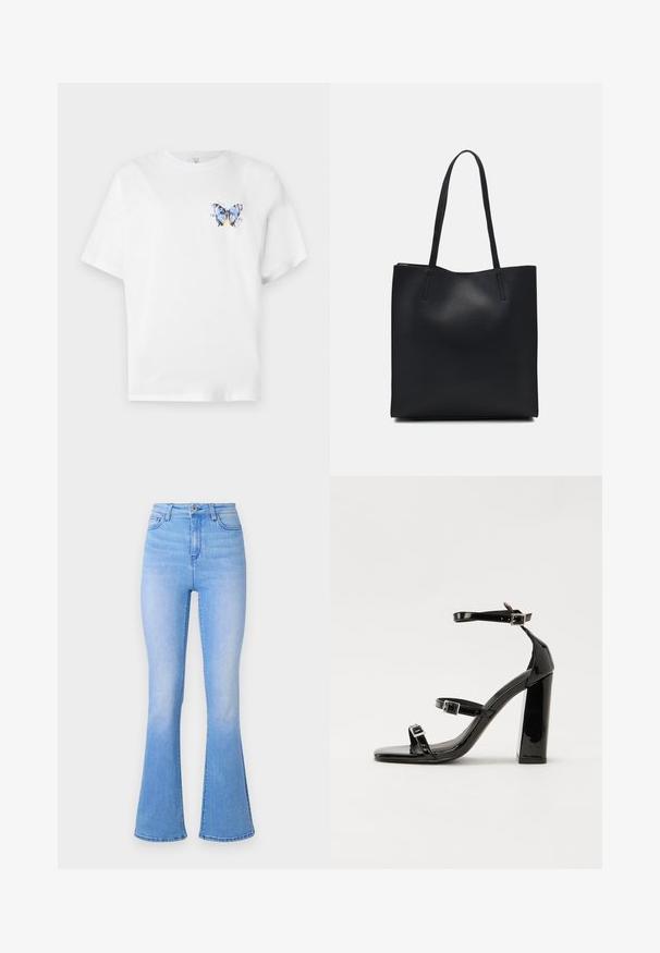 White cotton t-shirt featuring a colorful butterfly print on the left chest. Short sleeves and a relaxed fit.; Light blue flared jeans with a high waist, made of denim. Features a smooth texture and a subtle fade towards the hem. Classic five-pocket design.; Black patent heeled sandals with a square toe, ankle straps, and silver buckles. Features a chunky block heel for stability.; Black leather tote bag with smooth texture, rectangular shape, and two long handles. No visible hardware or embellishments.