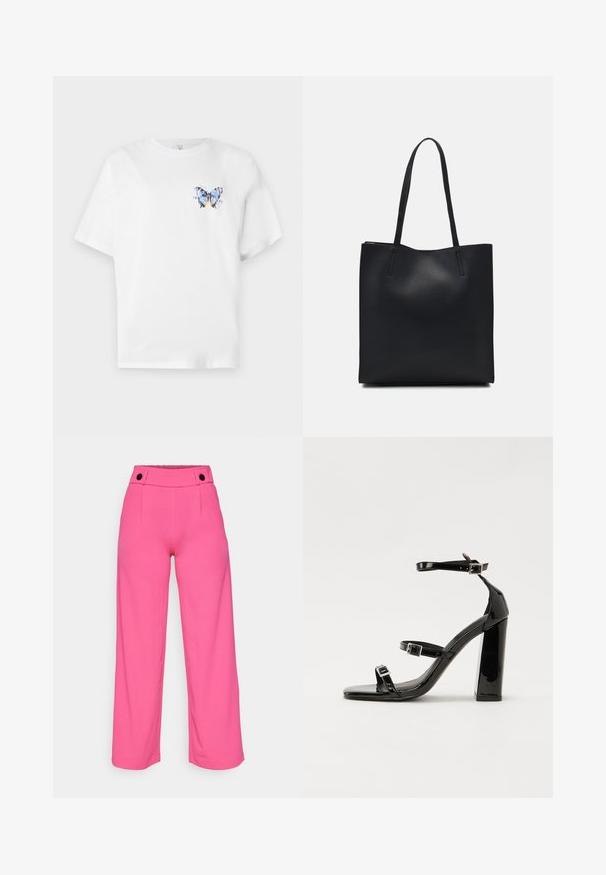 Valkoinen puuvillapaita, jossa on värikäs perhospainatus vasemmalla rinnalla. Lyhyet hihat ja rento malli.; Vaaleanpunaiset leveälahkeiset housut, joissa on sileä pinta, litteä vyötärönauha ja edessä kaksi mustaa nappia.; Musta kiiltäväpintainen korkokengät, joissa on kaksi solkikiinnitystä, neliönmuotoinen kärki ja paksu korko, sileällä, kiiltävällä pintarakenteella.; Mustapahkainen kangaskassi, jossa on sileä pinta, suorakaiteen muotoinen ja kaksi pitkää kahvaa. Ei näkyvää metalliosaa tai koristeita.