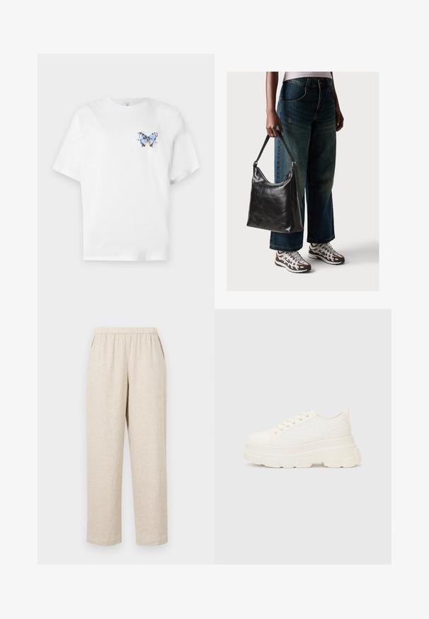 Hvit bomulls t-skjorte med et fargerikt sommerfugltrykk på venstre bryst. Korte ermer og en avslappet passform.; Beige linbukser med elastisk liv, med sidelommer, rette ben og en teksturert stofffinish.; Hvit kanvas sneakers med chunky såle, avrundet tå og fem hull for snøringer. Bakre tab for enkel påkledning. Glatt tekstur, minimalistisk design.; Sort skinnveske med en glatt tekstur og justerbar stropp, kombinert med falmede vide jeans og atletiske sneakers.