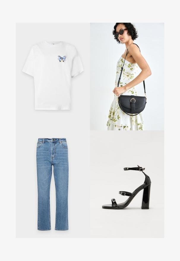Hvit bomulls t-skjorte med et fargerikt sommerfugltrykk på venstre bryst. Korte ermer og en avslappet passform.; Lyseblå denimjeans med rett benkutt, fem lommer, front knappelukking og subtil falming på stoffet.; Svarte høyhælte sandaler i lakk med to spennestraps, firkantet tå og en tykk blokkhæl, med en glatt, blank tekstur.; Svart lærveske med en buet form, avtagbar stropp og gullbeslag. Vesken har et klaff med spenne-detall.