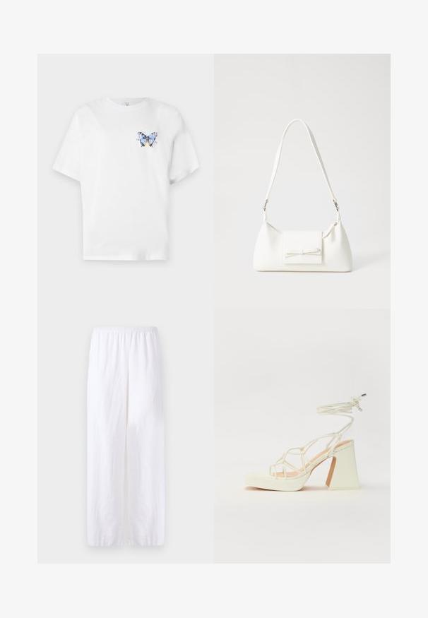 Balts kokvilnas t-krekls ar krāsainu tauriņa apdruku kreisajā krūtīs. Īsas piedurknes un brīvs piegriezums.; Baltas lina bikses ar elastīgu jostu, ar taisna piegriezuma dizainu un sānu šķeltnēm ventilācijai un ērtai kustībai.; Baltas augstpapēžu sandales ar masīvu papēdi, ar siksnu dizainu un potītes saistītiem elementiem. Gluda tekstūra ar platformu priekšpusē, lai nodrošinātu papildu augstumu.; Balta sintētiska soma ar trīsstūrveida formu, plakanu priekšējo vāciņu un loku detaļu, regulējamu siksnu, gludu tekstūru un minimālistisku dizainu.