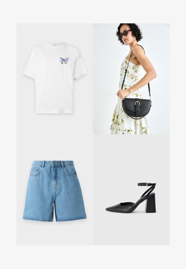 Fehér pamut póló, amelyen egy színes pillangómintázat található a bal mellrészen. Rövid ujjak és laza szabás jellemzi.; Világoskék farmer rövidnadrág magas derékkal, két elülső zsebbel és gombos záródással. Az anyag sima textúrájú, enyhe kopással.; Fekete bőr, hegyes orrú magassarkú cipő boka pánttal és vastag sarokkal. Sima textúra, elegáns dizájn és minimális esztétika.; Fekete bőrtáska ívelt formával, levehető pánttal és arany színű fémrészekkel. A táskán egy csattal díszített fedél található.