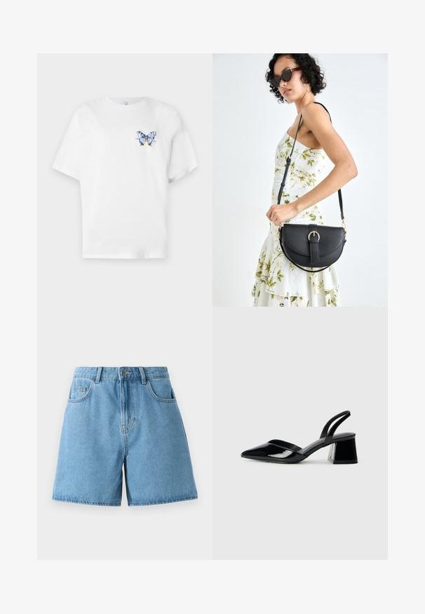 White cotton t-shirt featuring a colorful butterfly print on the left chest. Short sleeves and a relaxed fit.; Light blue denim shorts with a high waist, two front pockets, and a button closure. The fabric has a smooth texture with subtle fading.; Black patent leather slingback heels with a pointed toe and a geometric block heel. Features a sleek, minimal design and smooth texture.; Black leather handbag with a curved shape, detachable strap, and gold hardware. The bag features a flap with a buckle detail.
