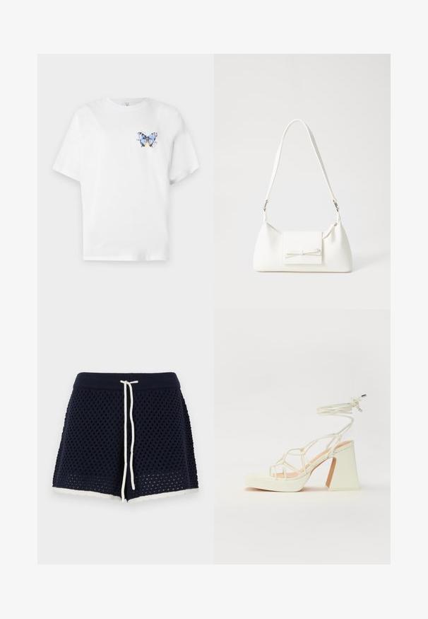 Weißes Baumwoll-T-Shirt mit einem bunten Schmetterlingsdruck auf der linken Brust. Kurze Ärmel und ein lockerer Schnitt.; Marineblaue gestrickte Shorts mit strukturiertem Muster, verstellbarem Kordelzug und gewelltem weißen Saum. Leichtes und atmungsaktives Material.; Weiße High-Heel-Sandale mit einem klobigen Absatz, die über ein Riemchendesign und ein Knöchelband verfügt. Glatte Textur mit einer Plattform vorne für zusätzliche Höhe.; Weiße synthetische Handtasche in dreieckiger Form, flache Vorderklappe und Schleifendetail, verstellbarer Trageriemen, glatte Textur und minimalistisches Design.