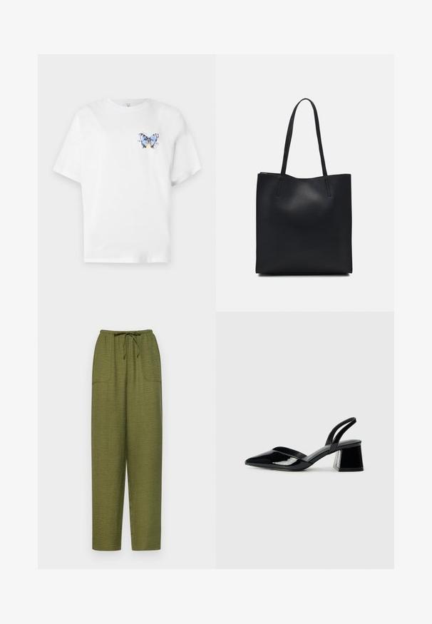 Balts kokvilnas t-krekls ar krāsainu tauriņa apdruku kreisajā krūtīs. Īsas piedurknes un brīvs piegriezums.; Olive zaļas, vaļīgas bikses no teksturēta auduma, ar elastīgu jostu un auklu, kā arī divām sānu kabatām.; Melna lakota āda ar atvērto papēdi, ar smailu purngalu un ģeometrisku blokpapēdi. Iezīmējas elegants, minimāls dizains un gluda tekstūra.; Melnas ādas somiņa ar gludu tekstūru, taisnstūra formu un divām garām rokturiem. Nav redzamu aparatūras vai rotājumu.