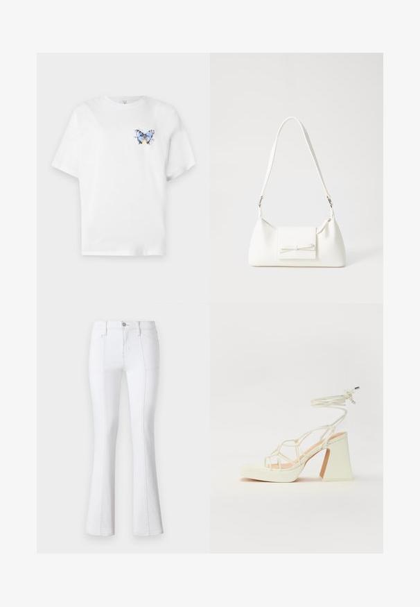 Valge puuvillane T-särk, millel on värviline liblikakujutis vasakul rinnal. Lühikesed varrukad ja mugav lõige.; Valged teksad, laiad ja kõrge vöökohaga, millel on kontrastsed õmblused, esikotid ja tõmblukk. Sile ja vastupidav kangast struktuur.; Valged kõrge kontsaga sandaalid, millel on paks konts ja rihmadega disain koos pahkluu sidumisega. Sile tekstuur ja platvorm ees, et lisada kõrgust.; Valge sünteetilisest materjalist kott kolmnurkse kujuga, lame esiklapiga ja kaaredetailiga, reguleeritava rihmaga, sileda tekstuuriga ja minimalistliku disainiga.