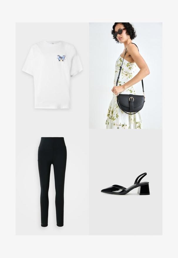 Balta medvilninė marškinė su spalvingu drugelio atspaudu kairėje krūtinės pusėje. Trumpomis rankovėmis ir laisvu siluetu.; Juodos sportinės legging'os su aukšta talija, šoniniu kišeniu ir pilno ilgio kojomis ant balto fono.; Juodos lakuotos odinės šlepetės su smailiu pirštu ir geometriniu bloko kulnu. Turi elegantišką, minimalistinį dizainą ir lygų paviršių.; Juodas odinis krepšys su išlenkta forma, nuimamu dirželiu ir auksiniais detalėmis. Krepšys turi kilpą su sagtimi.