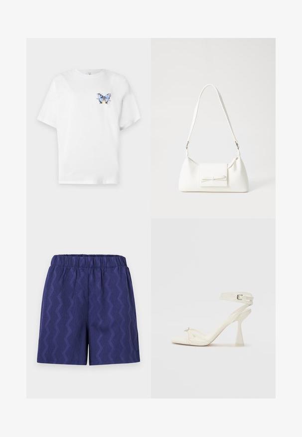 Valge puuvillane T-särk, millel on värviline liblikakujutis vasakul rinnal. Lühikesed varrukad ja mugav lõige.; Tumedate sinised lühikesed püksid tekstureeritud sakiliste triipudega, millel on mugav elastne vöökoht ja lõdvestatud istuvus. Valmistatud kergest kangast.; Köitmine kõrge kontsaga sandaal valgest nahast, millel on stiilne disain, läbipaistev plokk-konts ja dekoratiivne element varvaste juures.; Valge sünteetilisest materjalist kott kolmnurkse kujuga, lame esiklapiga ja kaaredetailiga, reguleeritava rihmaga, sileda tekstuuriga ja minimalistliku disainiga.