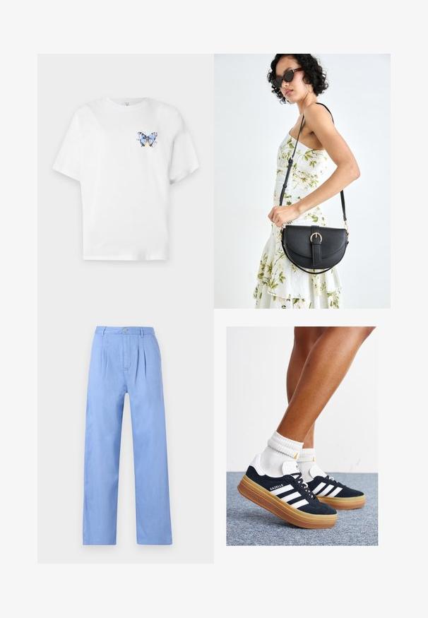 Hvit bomulls t-skjorte med et fargerikt sommerfugltrykk på venstre bryst. Korte ermer og en avslappet passform.; Lys blå linbukser med plissert front, høy midje og rett ben-design. Har knappestengning i midjen.; Svarte sneakers i semsket skinn med hvite striper og detaljer, rund tå, yttersåle i gummigummi, kombinert med hvite ribbestrikkede crew-sokker.; Svart lærveske med en buet form, avtagbar stropp og gullbeslag. Vesken har et klaff med spenne-detall.