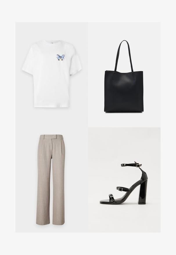 Hvit bomulls t-skjorte med et fargerikt sommerfugltrykk på venstre bryst. Korte ermer og en avslappet passform.; Beige skreddersydde bukser laget av et strukturert stoff, med rett ben-design og frontfolder. Ingen synlig maskinvare eller mønstre.; Svarte høyhælte sandaler i lakk med to spennestraps, firkantet tå og en tykk blokkhæl, med en glatt, blank tekstur.; Svart lær tote bag med glatt tekstur, rektangulær form og to lange håndtak. Ingen synlige deler eller dekorasjoner.