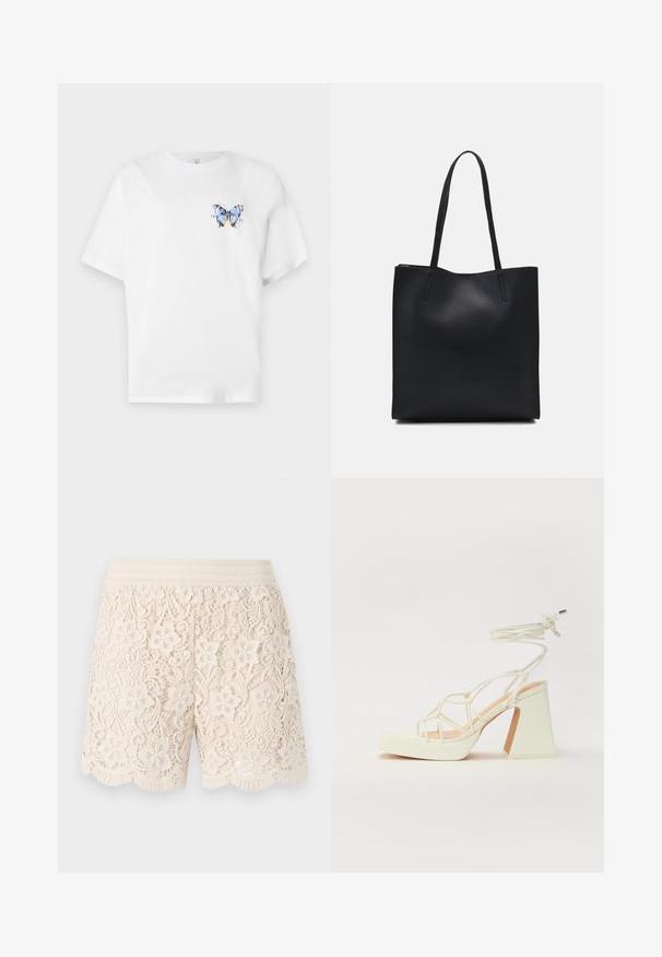 T-shirt en coton blanc avec un imprimé coloré de papillon sur la poitrine gauche. Manches courtes et coupe décontractée.; Shorts en dentelle couleur blanc cassé avec des motifs floraux, ourlet festonné et taille élastique, présentant des détails intriqués sur l'ensemble du tissu.; Sandale blanche à talons hauts avec un talon épais, présentant un design à lanières et un lien autour de la cheville. Texture lisse avec une plateforme à l'avant pour une hauteur supplémentaire.; Sac fourre-tout en cuir noir avec une texture lisse, de forme rectangulaire et deux longues poignées. Pas de matériel ou d'ornementations visibles.