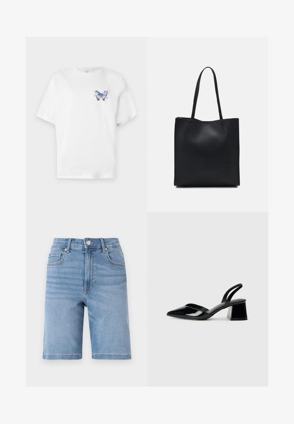 Bela bombažna majica z barvnim potiskom metulja na levem prsnem delu. Kratke rokave in sproščen kroj.; Svetlo modri jeans kratki hlače z ravnim krojem, zasnovo s petimi žepi in zaponko iz kovine. Mehka tekstura z rahlim bledenjem.; Črne lakirane slingback pete s koničastim nosom in geometrijsko blokasto peto. Imajo eleganten, minimalističen dizajn in gladko teksturo.; Črna usnjena torba s svilnato teksturo, pravokotne oblike in dvema dolgima ročajema. Brez vidnih metalnih delov ali okrasnih elementov.