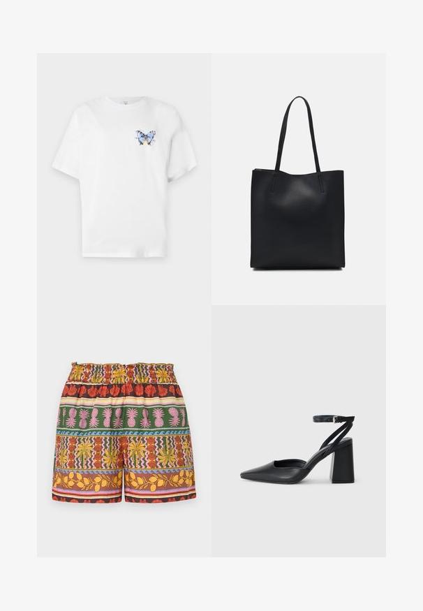 T-shirt en coton blanc avec un imprimé coloré de papillon sur la poitrine gauche. Manches courtes et coupe décontractée.; Shorts à motifs multiples avec un mélange de couleurs vives incluant le rouge, le jaune, le vert et le rose, dotés d'une taille élastique et de motifs tropicaux variés.; Escarpin noir en cuir à bout pointu avec une bride de cheville et un talon épais. Texture lisse, design élégant et esthétique minimaliste.; Sac fourre-tout en cuir noir avec une texture lisse, de forme rectangulaire et deux longues poignées. Pas de matériel ou d'ornementations visibles.