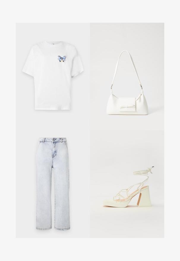 Fehér pamut póló, amelyen egy színes pillangómintázat található a bal mellrészen. Rövid ujjak és laza szabás jellemzi.; Világoskék farmer széles szárú nadrág magas derékkal, gombos záródással, egyenes szegéllyel és minimális kopással.; Fehér, magassarkú szandál vastag sarokkal, pántos dizájnnal és bokapánttal. Sima textúra, elülső platformmal a megnövelt magasság érdekében.; Fehér szintetikus kézitáska, háromszög alakú, lapos előlap, masni részlettel, állítható pánttal, sima textúrával és minimalista dizájnnal.