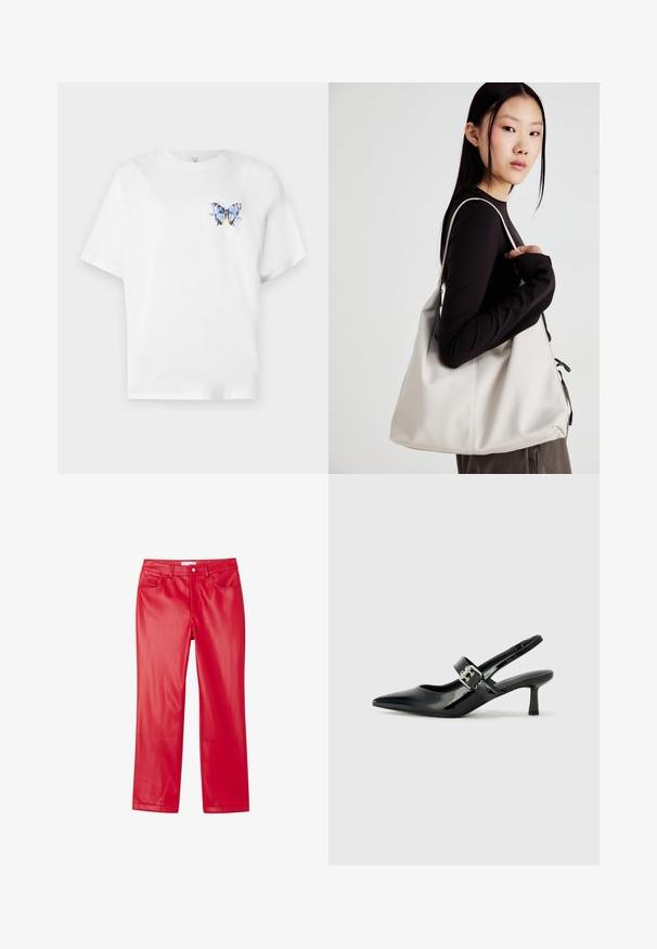 White cotton t-shirt featuring a colorful butterfly print on the left chest. Short sleeves and a relaxed fit.; Red faux leather pants with a sleek design, straight leg shape, five pockets, and a smooth, glossy texture.; Black patent leather slingback heels with a pointed toe and a small block heel, featuring a silver buckle accent on the strap.; Beige handbag made of soft material, featuring a slouchy design, stitched detailing, and two shoulder straps. Suitable for everyday use.