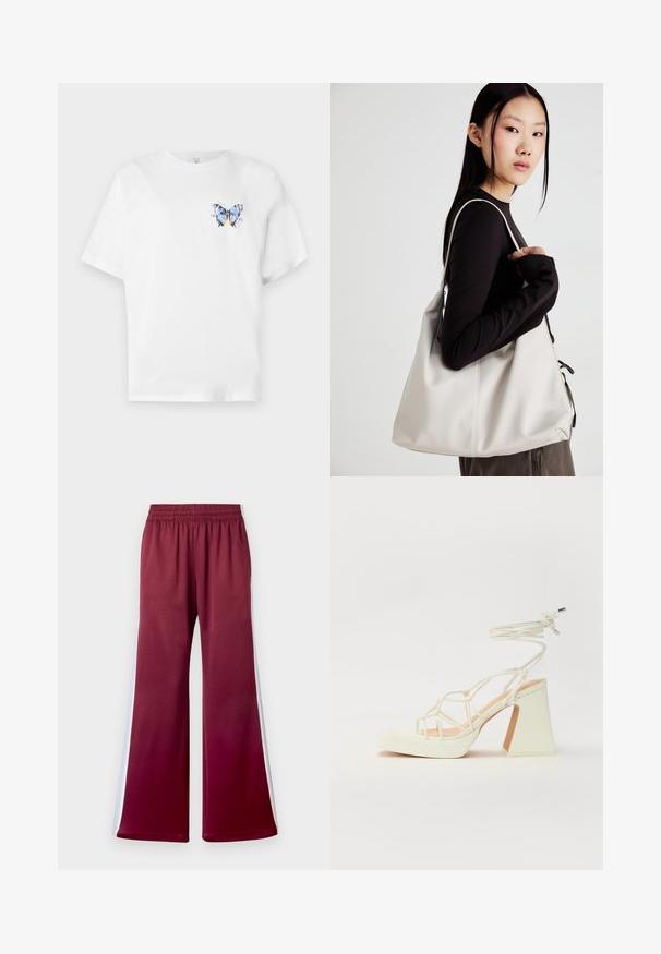 Balts kokvilnas t-krekls ar krāsainu tauriņa apdruku kreisajā krūtīs. Īsas piedurknes un brīvs piegriezums.; Bordo krāsa brīva stila bikses ar elastīgu jostasvietu, ar baltām sānu svītrām un gludu auduma tekstūru. Plaša kāju dizains.; Baltas augstpapēžu sandales ar masīvu papēdi, ar siksnu dizainu un potītes saistītiem elementiem. Gluda tekstūra ar platformu priekšpusē, lai nodrošinātu papildu augstumu.; Bežs rokassoma, izgatavota no mīksta materiāla, ar brīvu dizainu, izšūtu apdari un divām plecu siksnām. Piemērota ikdienas lietošanai.