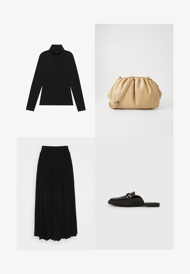 Svart långärmad polotröja. Mjuk tyg, figurnära design, hög krage och sid sömmar. Enkel och mångsidig stil som passar för lager-på-lager.; Svart plisserad kjol med högt, elastiskt midjeband. Tillverkad av mjukt tyg, med vertikala plisseringar för en flytande silhuett.; Svart slip-on sko i slät läder. Har en rund tå, ett dekorativt vävt band och en liten guldfärgning. Platt sula.; Tan läderhandväska med plisserad design, justerbar rem och rundad form. Minimalistisk logotyp på framytan.