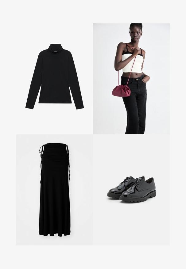 Fekete hosszú ujjú garbó. Puha anyag, testhezálló kialakítás, magas gallér és oldalsó varrások. Egyszerű és sokoldalú stílus, amely rétegezéshez is alkalmas.; Fekete, bokáig érő ruha puha, rugalmas anyagból, pliszírozott felsőrésszel és állítható kötőkkel az oldalán, amely áramló sziluettet kölcsönöz.; Fekete lakkbőr cipők kerek orral, fűzős kialakítással, mintás gumitalppal és finom varrási részletekkel az oldalán.; Burgundy puha anyagú kézitáska, ráncolt dizájnnal és hosszú pánttal, keresztben hordva. A modellen fehér rövid top és fekete farmer van.