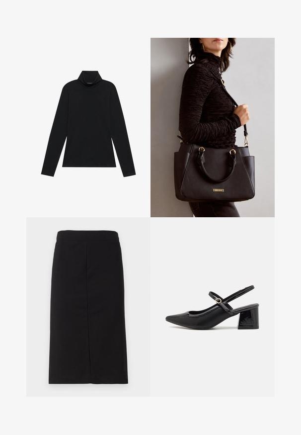 Pulover negru cu mânecă lungă și guler înalt. Țesătură moale, design ajustat, guler înalt și cusături laterale. Stil simplu și versatil, potrivit pentru stratificare.; Fustă creion neagră, până la genunchi, confecționată dintr-un material moale, având un brâu neted și o siluetă dreaptă, fără embellishments vizibile.; Cizme cu toc slingback din piele sintetică lacuită neagră, cu vârful ascuțit, un design cu decupaj rotunjit și toc bloc. Include un accent cu cataramă de culoare aurie.; Geantă de umăr neagră cu suprafață texturată, cu două mânere superioare și curea de umăr ajustabilă. Dispune de accesorii metalice de culoare aurie și buzunare laterale.