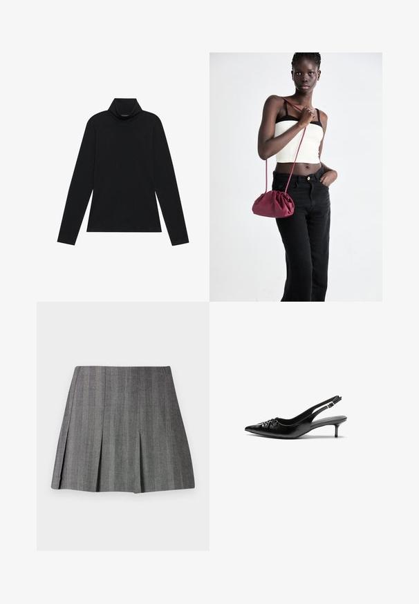 Sort turtleneck med lange ærmer. Blødt stof, tætsiddende design, høj krave og sidesøm. Simpel og alsidig stil, der er velegnet til lag-på-lag.; Grå plisseret nederdel i et struktureret stof med lodrette striber, der har en tætsiddende talje og A-linje silhuet.; Sorte læderslippers med spidse tæer, lille kitten hæl og en dekorativ knude detalje foran. Glat tekstur hele vejen rundt.; Bordeaux blødt stof håndtaske med en sammenpresset design og en lang rem, båret som crossbody. Modellen bærer en hvid cropped top og sorte jeans.