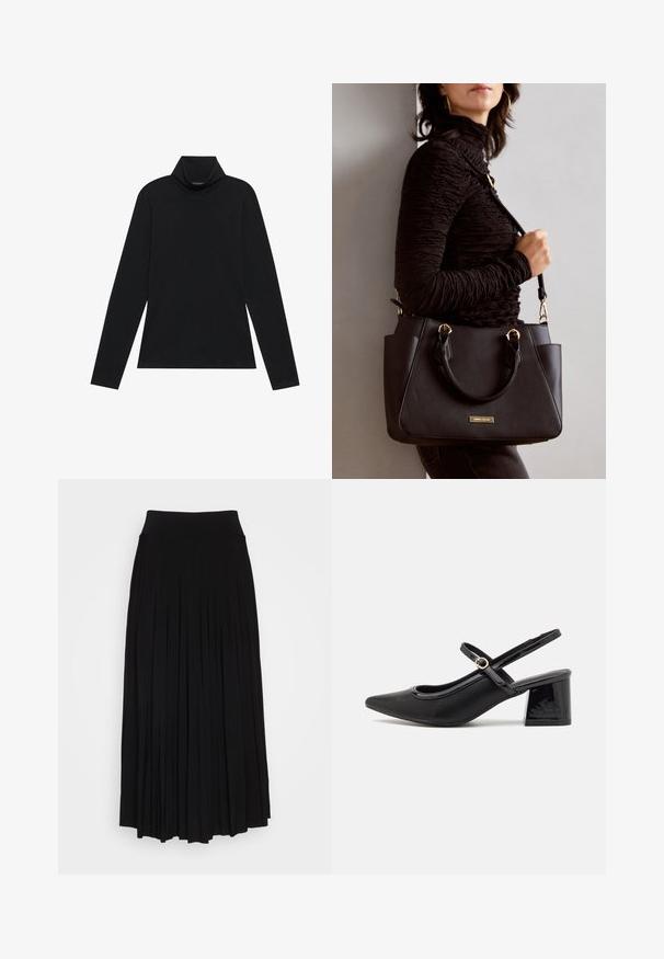 Čierny dlhý rukáv s rolákom. Mäkko tkaniny, priliehavý strih, vysoký golier a bočné švy. Jednoduchý a všestranný štýl vhodný na vrstvenie.; Čierna plisovaná sukňa s vysokým, elastickým pásom. Vyrobená z mäkkej látky, pričom má vertikálne plisovanie pre plynulý siluetu.; Čierne lakované kožené lodičky so slingback dizajnom, špicatou špičkou, zaobleným výrezom a blokovým podpätkom. Obsahuje akcent zlatého tónu s prackou.; Čierna kabelka s textúrovaným povrchom, dvojitými hornými rúčkami a nastaviteľným ramenným popruhom. Obsahuje zlaté kovanie a bočné vrecká.