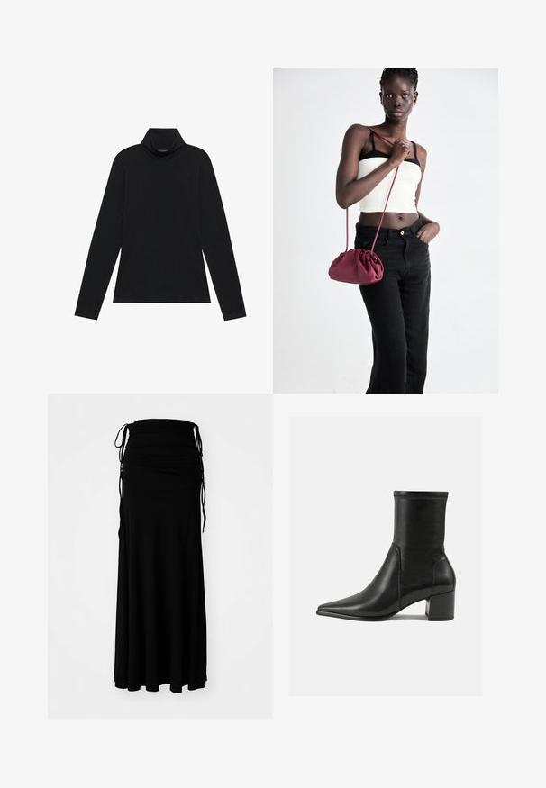 Turtleneck à manches longues noir. Tissu doux, design près du corps, col montant et coutures latérales. Style simple et polyvalent, idéal pour le superposition.; Robe noire longueur cheville en tissu doux et extensible avec un corsage froncé et des liens ajustables sur les côtés, créant une silhouette fluide.; Bottine noire en cuir lisse, avec un bout pointu, un talon carré et des coutures surélevées distinctes au bord supérieur.; Sac à main en tissu doux bordeaux avec un design froncé et une longue sangle, porté en bandoulière. Le mannequin porte un top court blanc et un jean noir.
